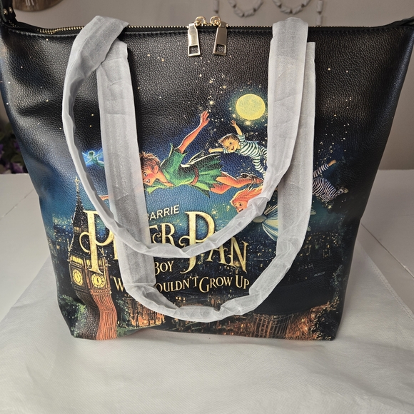 Peter Pan Themed Black Tote Bag New In Package 15" X 13" Faux Leather - Picture 9 of 11